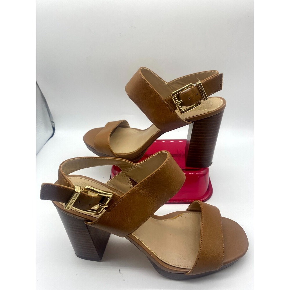 Vince Camuto Brown Leather Block Heel Sandals with Gold Buckles